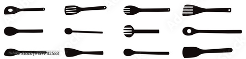 Collection of wooden kitchen utensils arranged in a row these utensils include various types of spoons and spatulas. showcasing different shapes and sizes. all made from wood. ideal for cooking. Vecto