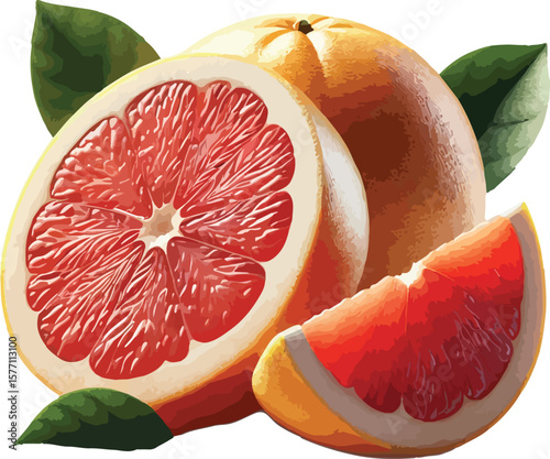 Watercolor style illustration of fresh grapefruit slices and leaves perfect for design elements