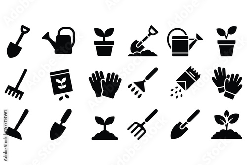 Gardening tools and plants icons shovel watering can