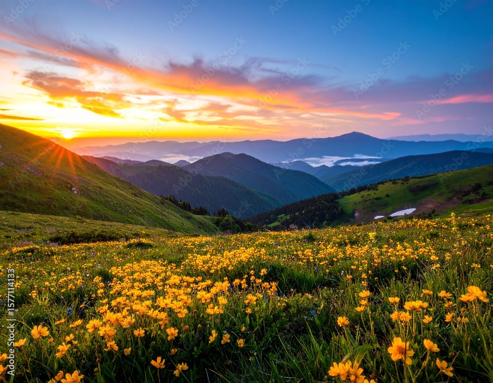 Fototapeta premium Spectacular Sunrise over a Mountain Meadow with Yellow Wildflowers