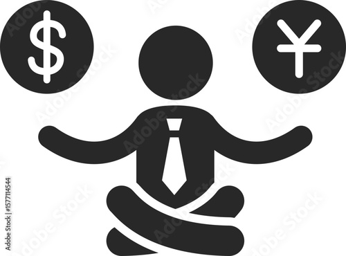Businessman balancing dollar and yuan solid icon in finance, investment, and global business concepts.