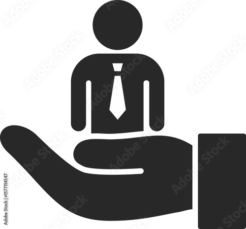 Businessman on hand solid icon used in employee support, HR, and business care concepts.