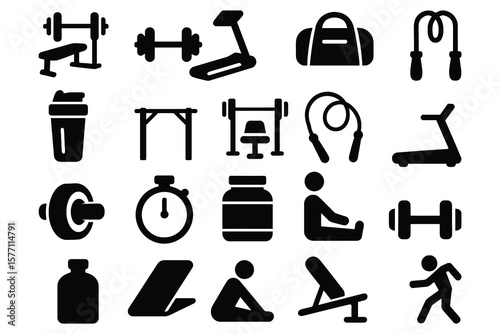Gym equipment and fitness icons exercise workout