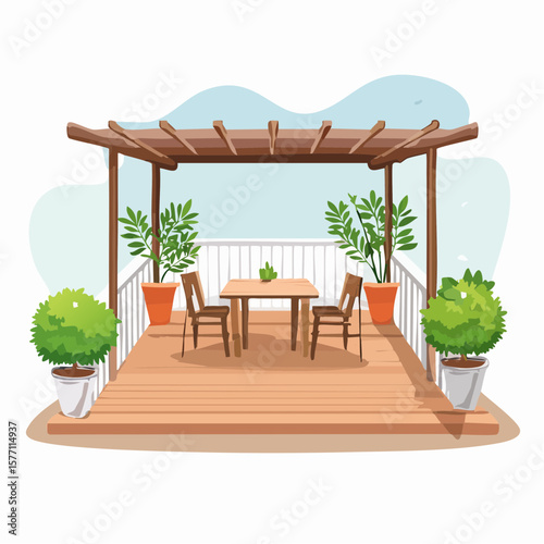 back garden patio area with wood decking and potted plants