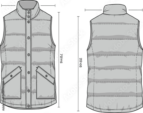 CAD Drawing Flat Vector Illustration of Puffer Vest with Front and Back Views, Fashion Design, Technical Garment Template, Apparel Mockup