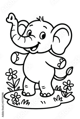 coloring page , Cute elephant smiling in a field of flowers - Concept of coloring page  