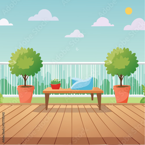 back garden patio area with wood decking and potted plants