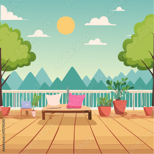 back garden patio area with wood decking and potted plants