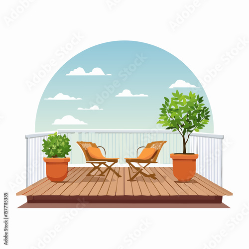 back garden patio area with wood decking and potted plants