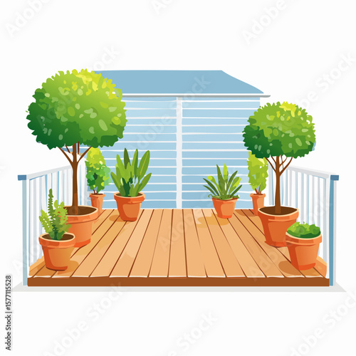 back garden patio area with wood decking and potted plants
