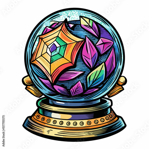 Vibrant Abstract Crystal Ball with Geometric and Leaf Patterns in Colorful Design