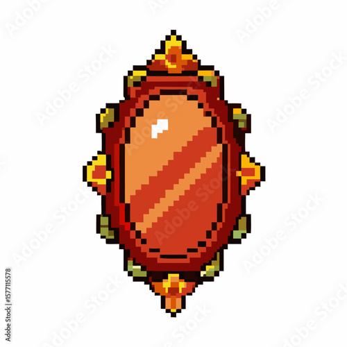 Pixel Art Jewel Retro Gemstone with Ornate Red and Gold Design