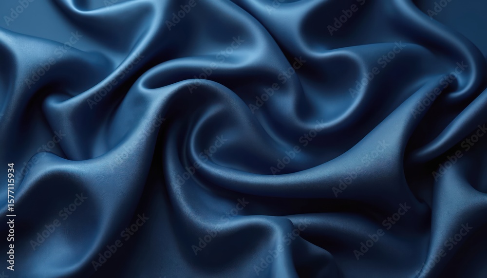 Fototapeta premium Blue fabric with crinkled texture, folded edges, dark navy blue color, gray border, subtle folds, unique texture, interplay of light, shadow, fabric folds.