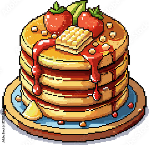 Delicious stack of pixel art pancakes topped with strawberries and syrup