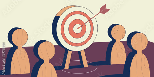 Wooden figures observe target with arrow observation