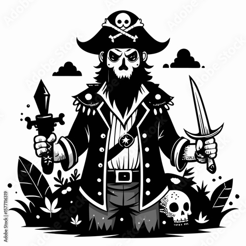 Monochrome Pirate Illustration with Swords and Skulls in  Style