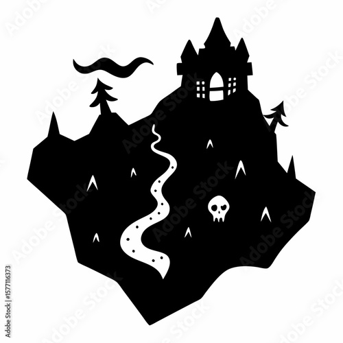 Spooky Castle Silhouette Mysterious Path on Haunted Island