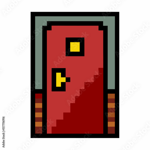 Pixel Art Red Door with Yellow Knob   8 bit Style Retro Illustration