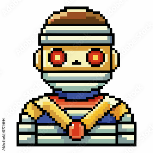 Pixel Art Mummy Character with Red Eyes and Bandages in Retro 8 Bit Style