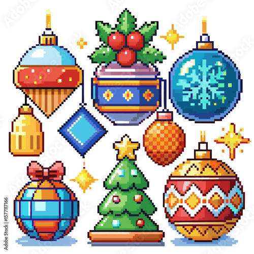 Colorful Pixel Art Christmas Decorations with Festive Ornaments and Tree