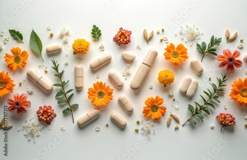 Collection of herbal pills in white, orange, red colors scattered on white background. Various flowers, leaves in orange, pink colors add vibrant touch. Haphazard arrangement of pills, flowers,