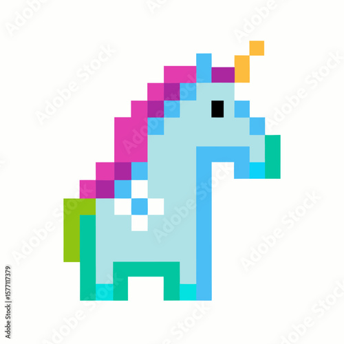 Pixel Art Unicorn with Colorful Mane and Horn in Retro Style