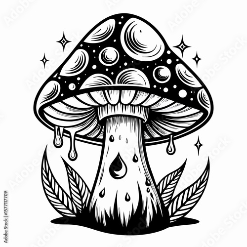 Mystical mushroom with celestial patterns in black and white illustration