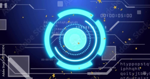 Cyan interface appearing, pulsing rotating rings, code scrolling, timestamp updating for HUD demo
