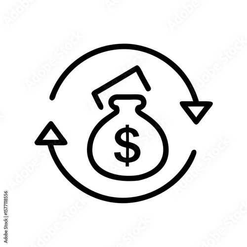Money bag icon with arrows representing refinancing process  
