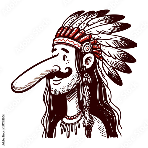Cartoon character with large nose in Native American headdress, whimsical illustration of man wearing tribal jewelry, ceremonia indigenous-inspired attire.

