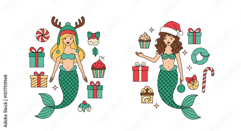 Obraz premium Festive mermaids celebrating the holidays with gifts and treats