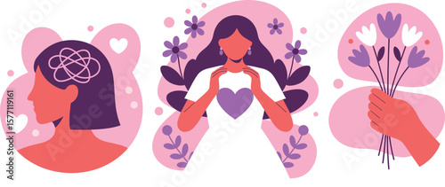Three illustrations showing mental health, self love, and receiving flowers on a pink background


