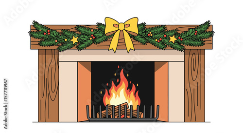 Cozy christmas fireplace with garland and yellow bow warm glowing flames burning brightly