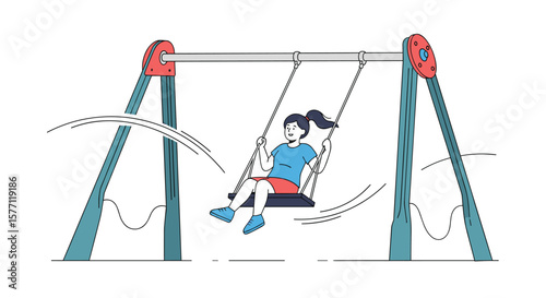 Young girl enjoying a joyful ride on an outdoor playground swing set during a bright sunny day