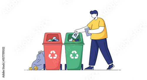 Man recycling waste items into different trash bins promoting eco-friendly habits