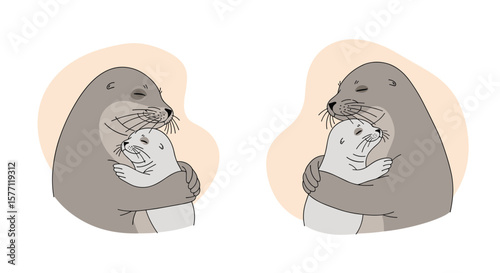 Two adorable seals embrace each other in a heartwarming display of affection and love