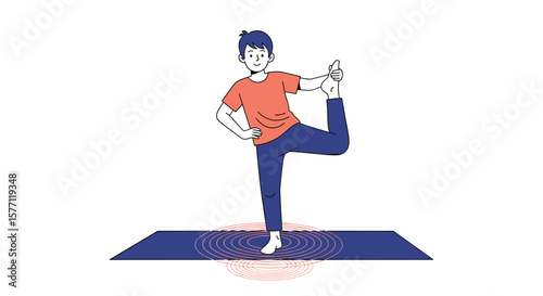 Young person performs balancing yoga pose on mat demonstrating good posture and flexibility