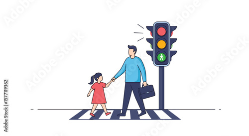 Father and daughter safely cross busy street on green light at pedestrian crossing