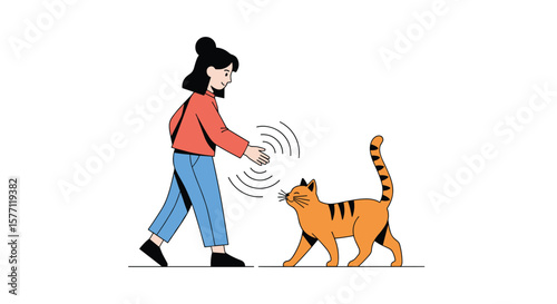 Playful interaction between a young woman and a striped cat in a sunny garden setting