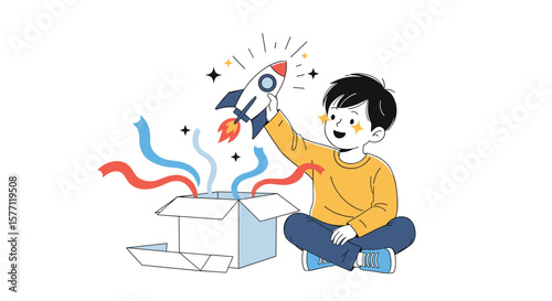 Young boy launches a toy rocket from an open cardboard box sparking imagination and creativity into the air