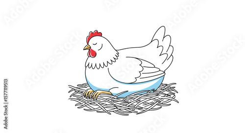 A white hen sitting comfortably on a nest of hay hatching her eggs