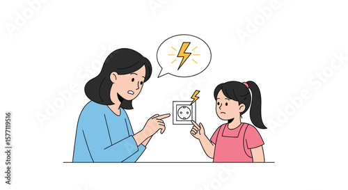 Mother instructs child on electrical safety awareness teaching about danger of touching wall sockets