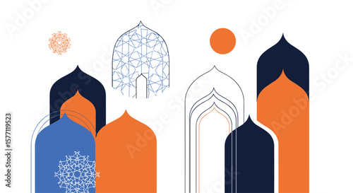 Abstract geometric islamic architecture design featuring domes and arches