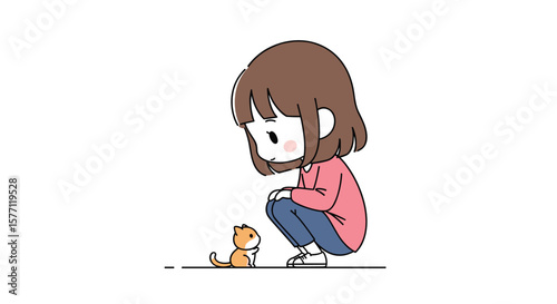 Gentle girl gently crouches down to observe a tiny orange kitten playing