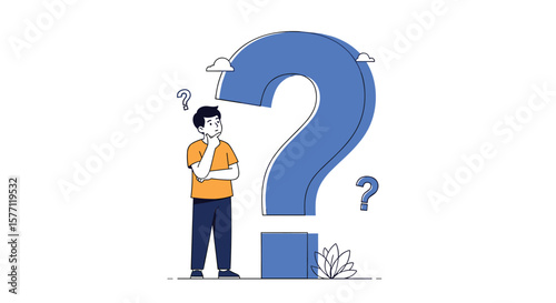 A person standing next to a giant blue question mark symbol contemplating a difficult problem