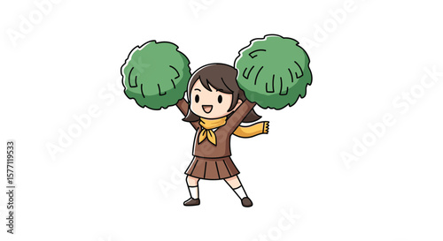 Energetic young cheerleader with green pom-poms performing a lively dance routine