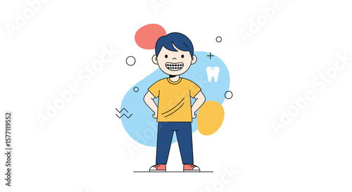 Happy boy with braces smiling brightly showing healthy teeth with cute abstract shapes in background