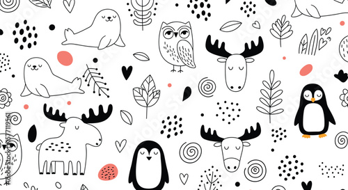 Whimsical woodland creatures and winter pals a charming pattern design