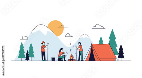 Friends gather around campfire near tent in mountains enjoying outdoor adventure and nature