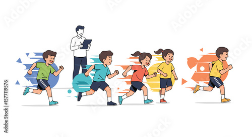 Active young athletes compete in a lively track and field race with energetic motion effects overseen by an instructor